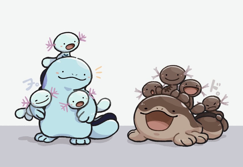 wooper, clodsire, quagsire, and paldean wooper (pokemon) drawn by mochi_(swallow-luff)