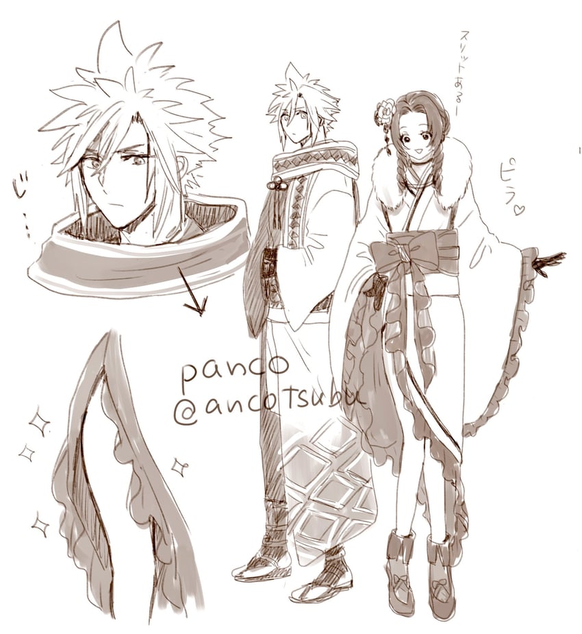cloud strife and aerith gainsborough (final fantasy and 2 more) drawn by ancotsubu