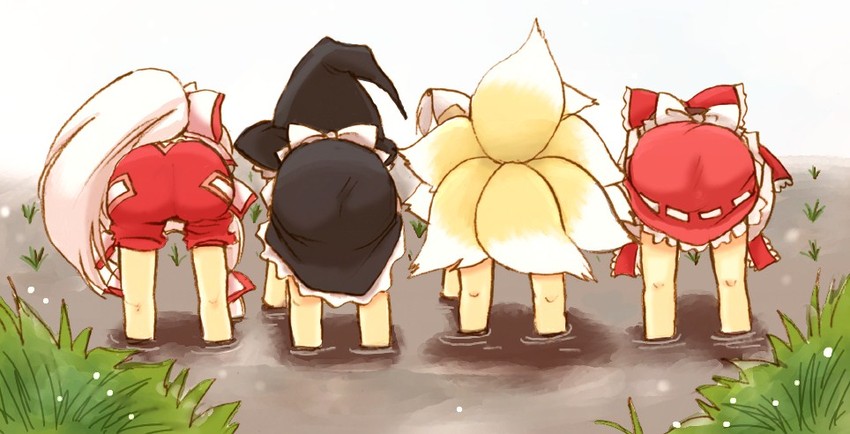 hakurei reimu, kirisame marisa, fujiwara no mokou, and yakumo ran (touhou) drawn by eijima_moko