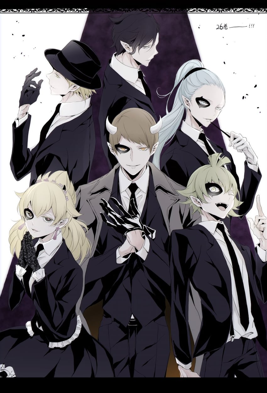 naberius kalego, bars robin, stolas suzie, dantalion dali, morax momonoki, and 1 more (mairimashita! iruma-kun) drawn by saeki_37