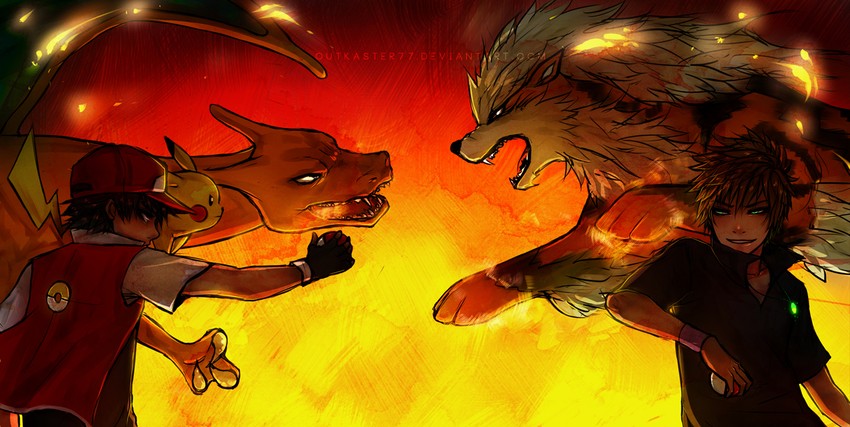 pikachu, red, blue oak, charizard, and arcanine (pokemon and 2 more) drawn by rachityrach