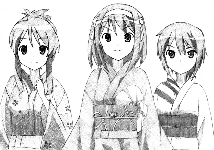 suzumiya haruhi, nagato yuki, and asahina mikuru (suzumiya haruhi no yuuutsu) drawn by yanagi_ryuu