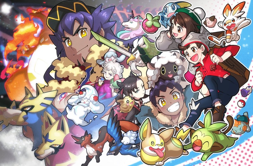 marnie, gloria, leon, charizard, morpeko, and 20 more (pokemon and 1 more) drawn by nagi_(exsit00)