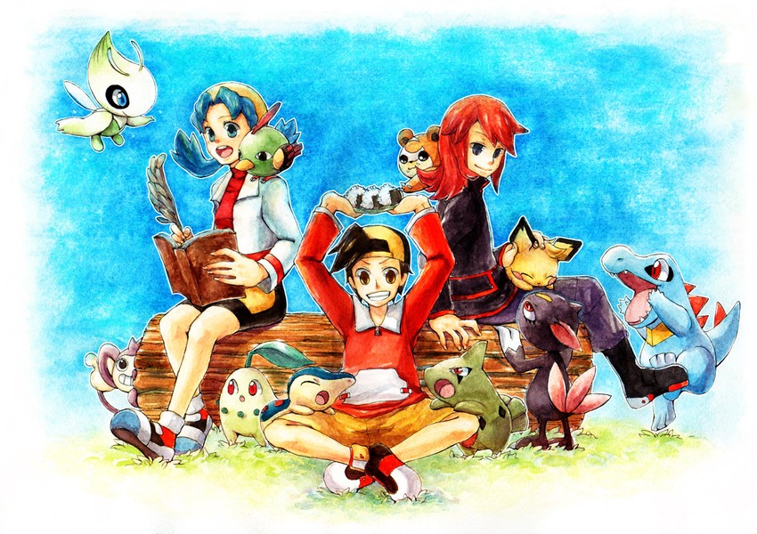 ethan, silver, kris, cyndaquil, chikorita, and 8 more (pokemon and 1 more) drawn by 81sun