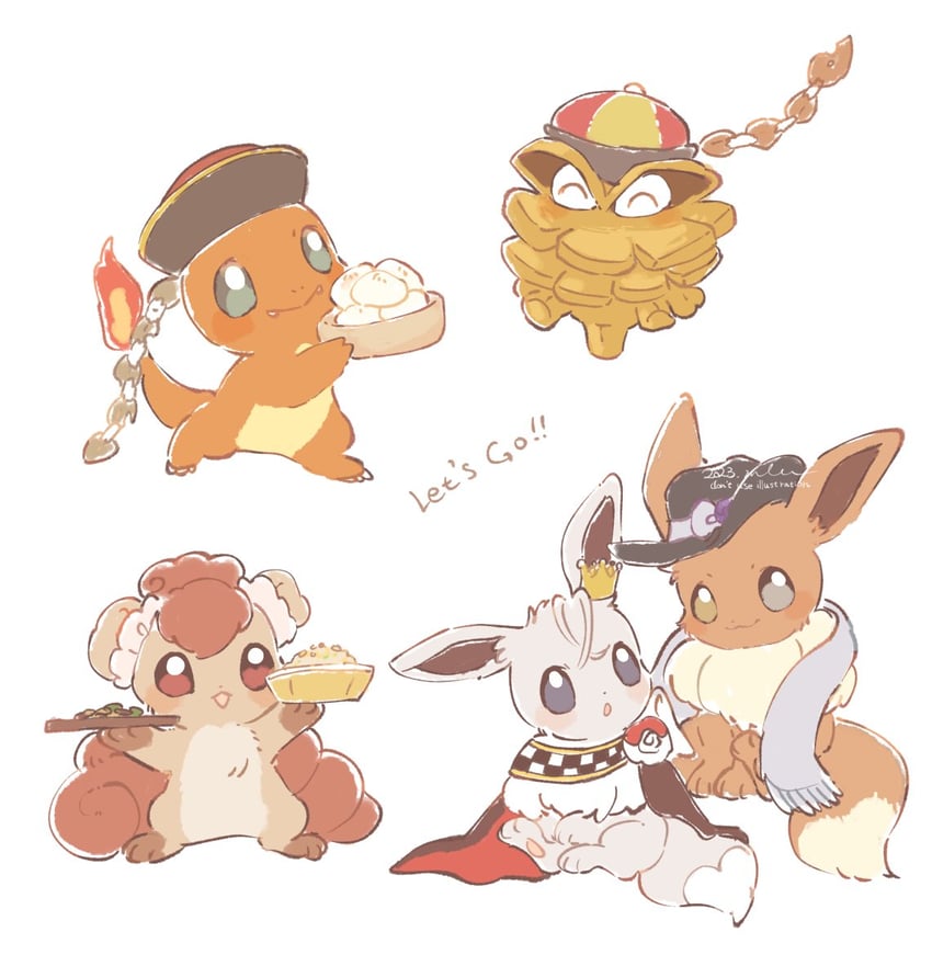 eevee, charmander, vulpix, and pineco (pokemon) drawn by mkt_(buizu-miki)