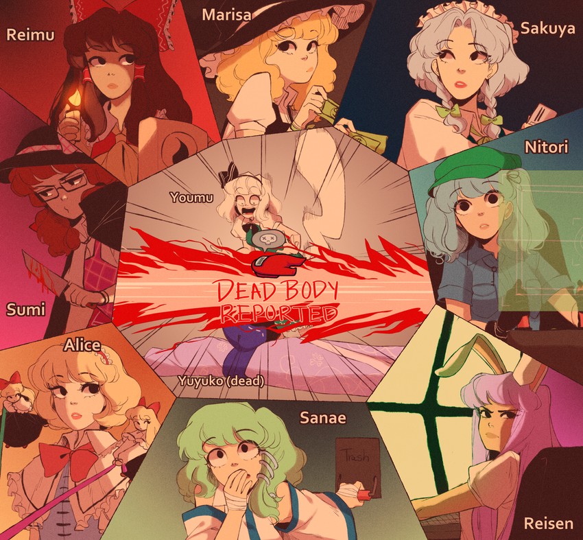 hakurei reimu, kirisame marisa, izayoi sakuya, kochiya sanae, konpaku youmu, and 7 more (touhou and 1 more) drawn by pixie_(milkywaypixies)