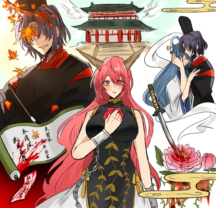 kaku seiga, miyako yoshika, and ibaraki douji (touhou) drawn by nap_muntarou