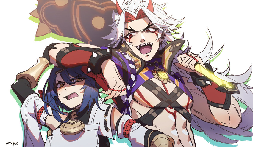kujou sara and arataki itto (genshin impact) drawn by mmlyno