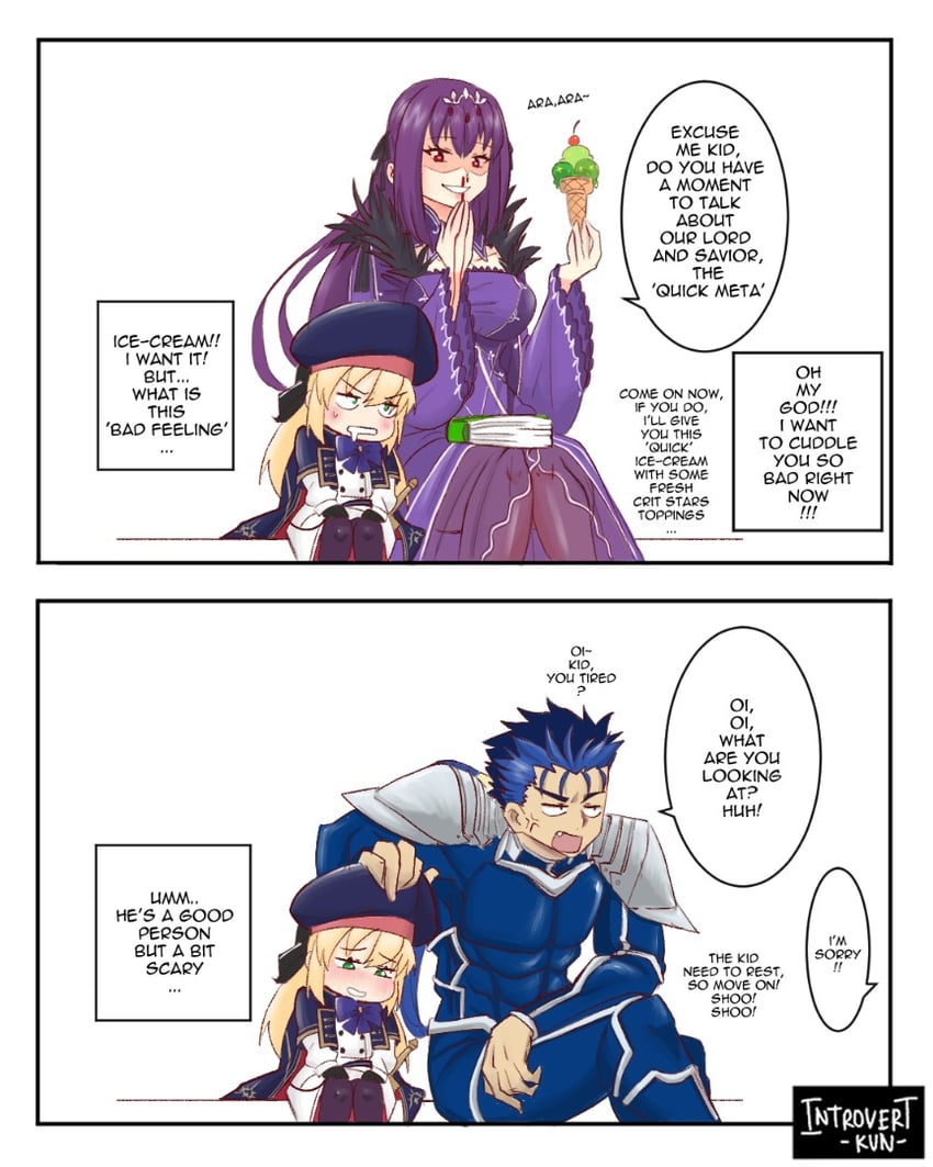 artoria pendragon, scathach, cu chulainn, artoria caster, and scathach skadi (fate and 1 more) drawn by introvert-kun