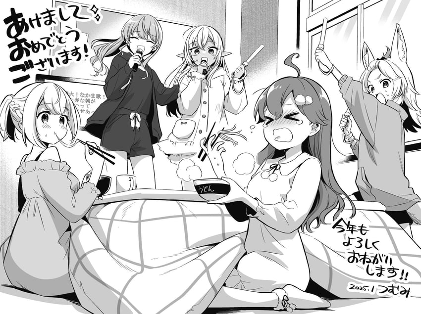 hoshimachi suisei, sakura miko, shirogane noel, shiranui flare, and omaru polka (hololive and 1 more) drawn by tsumumi_(kandume103)