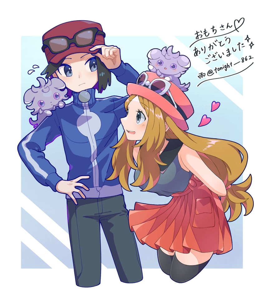 serena, calem, and espurr (pokemon and 1 more) drawn by omochi_(omotimotittona3) and rain_(tonight_862)
