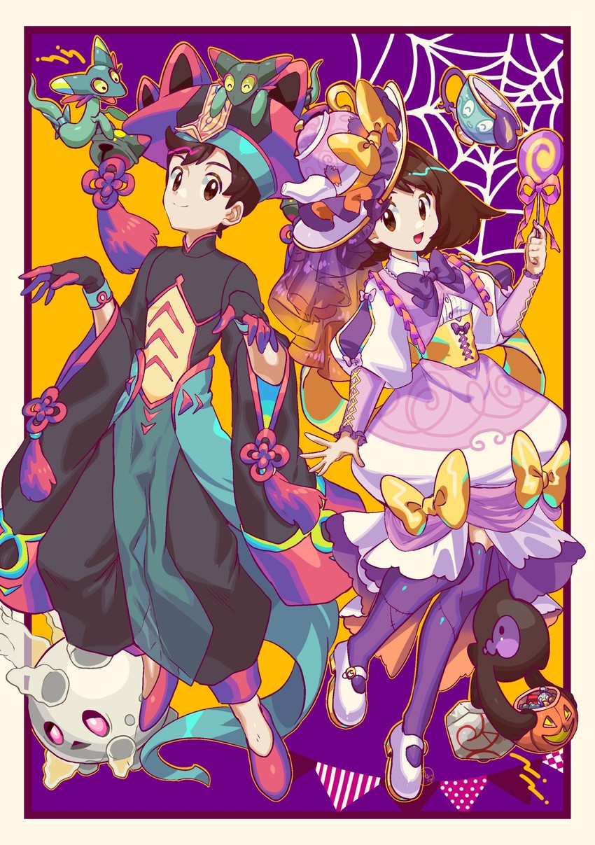 gloria, victor, dreepy, dragapult, polteageist, and 3 more (pokemon and 1 more) drawn by kamota_(momokomati)
