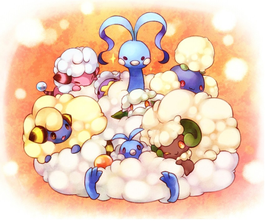 altaria, drifloon, swablu, whimsicott, jumpluff, and 3 more (pokemon) drawn by okamori_kuo