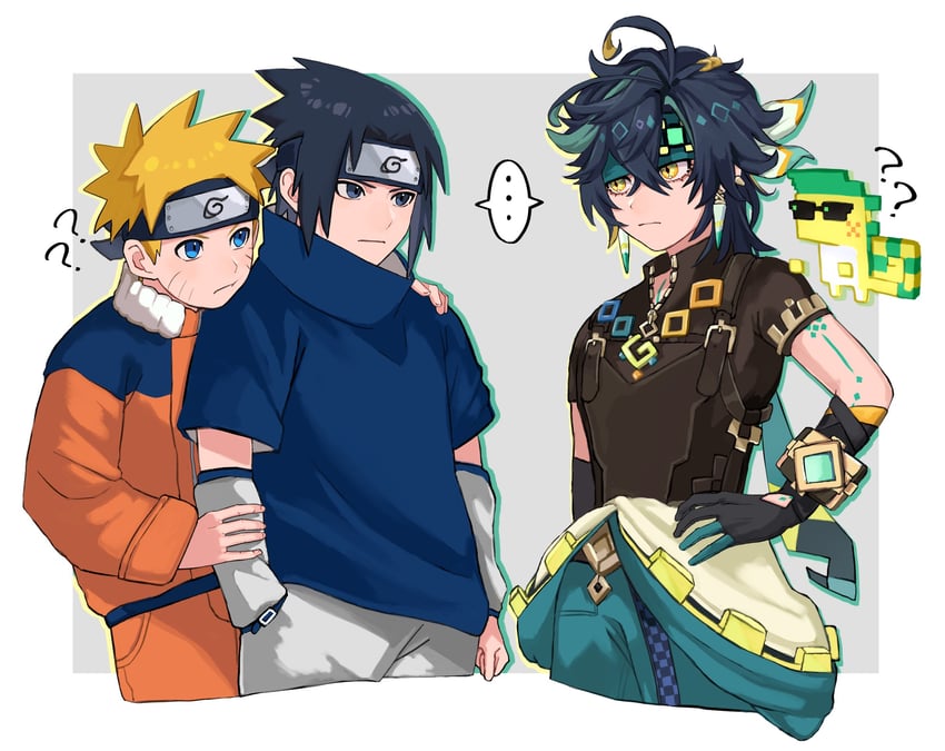 uzumaki naruto, uchiha sasuke, kinich, ajaw, takeuchi junko, and 1 more (genshin impact and 1 more) drawn by m0m0m0z