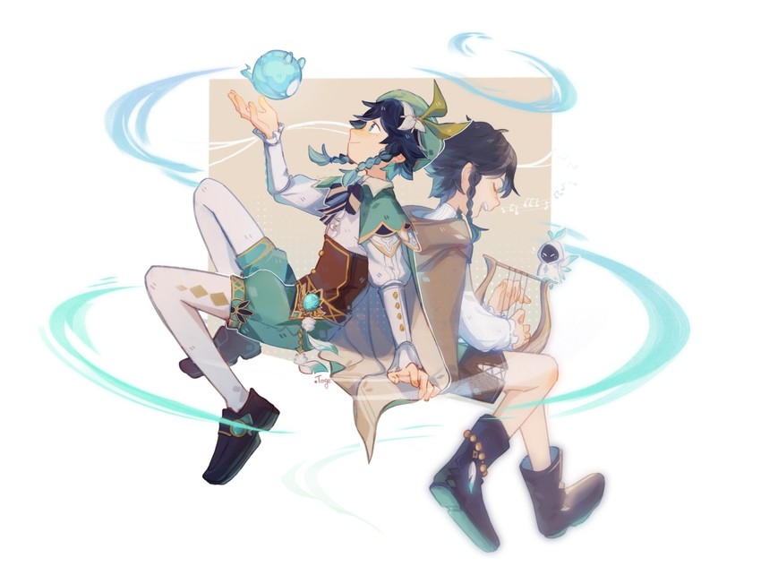 venti, seelie, barbatos, and nameless bard (genshin impact) drawn by dottoge