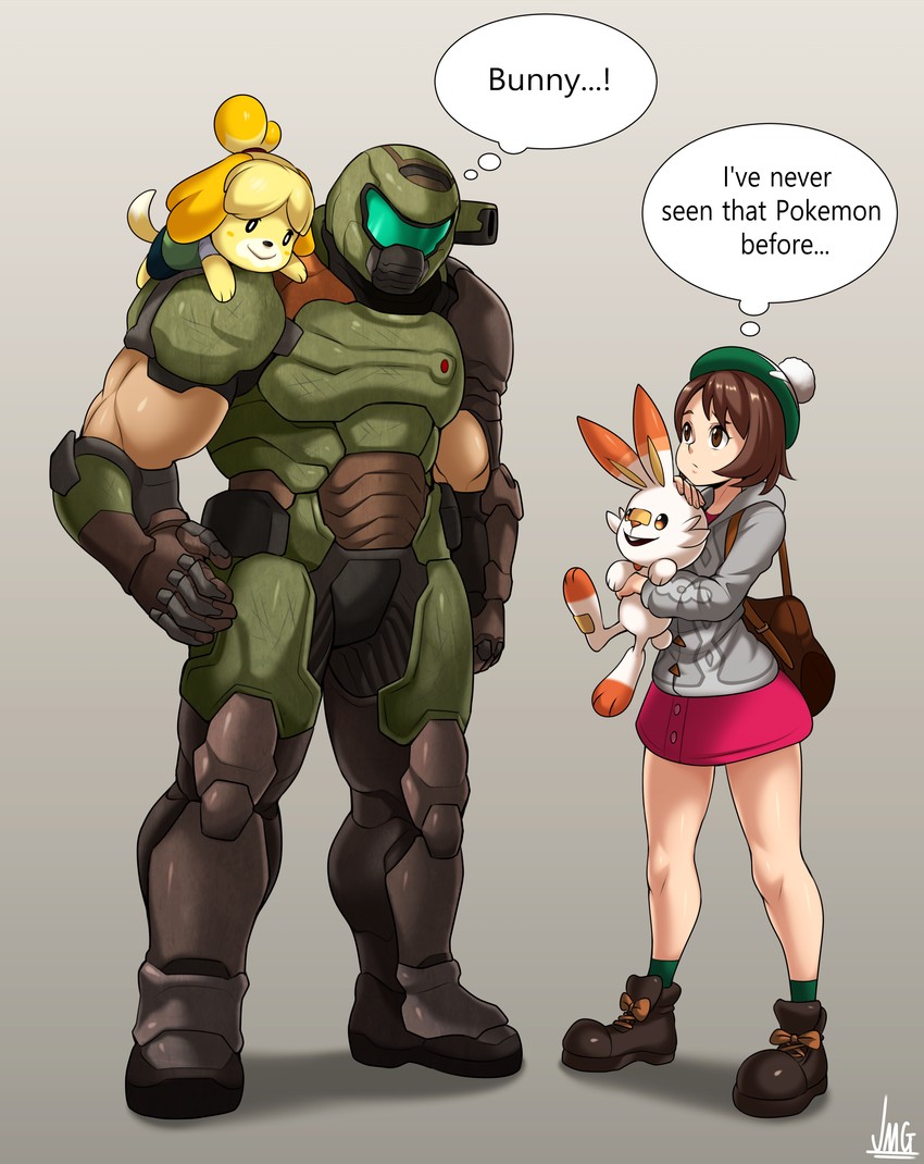 gloria, scorbunny, isabelle, and doomguy (pokemon and 4 more) drawn by jmg