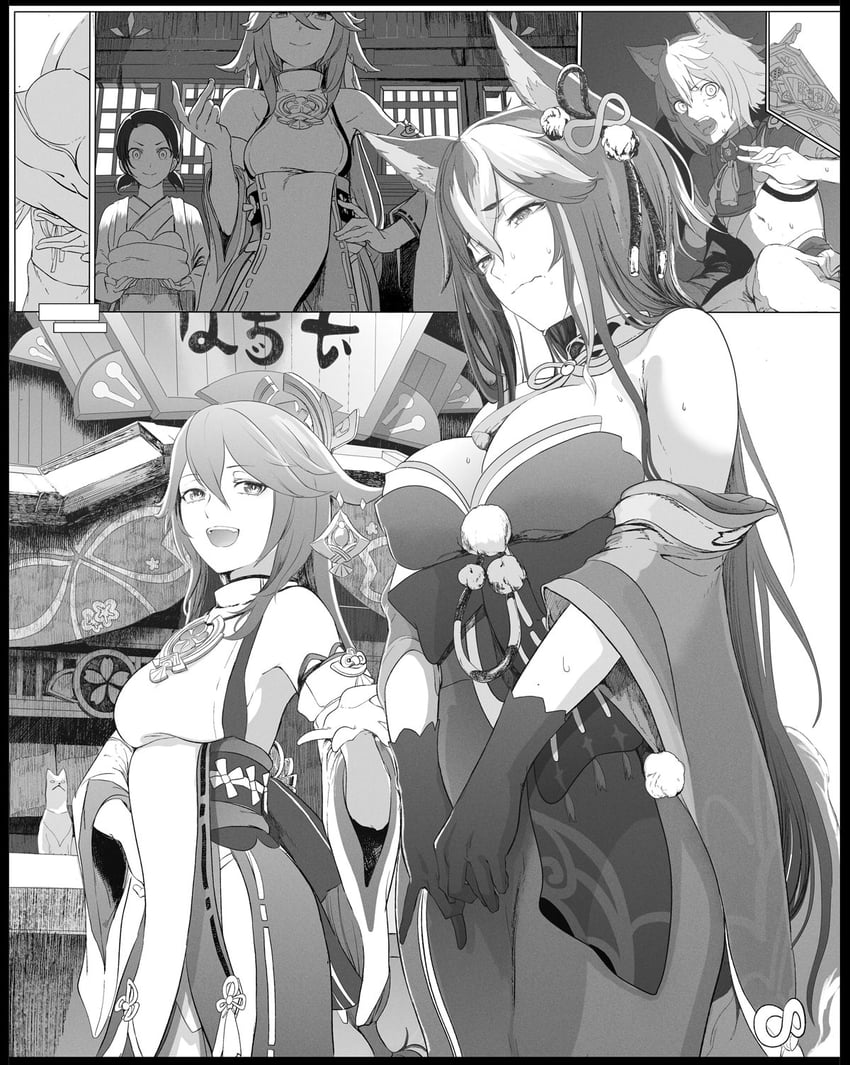yae miko, gorou, and hina (genshin impact) drawn by syatey
