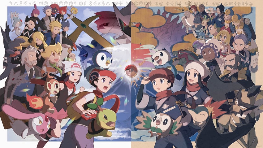 dawn, cynthia, akari, rowlet, piplup, and 55 more (pokemon and 2 more) drawn by odd_(hin_yari)