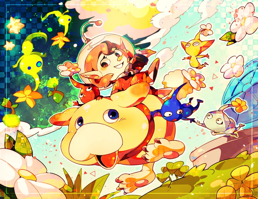 red pikmin, yellow pikmin, blue pikmin, rescue officer, oatchi, and 2 more (pikmin and 1 more) drawn by shirushiki