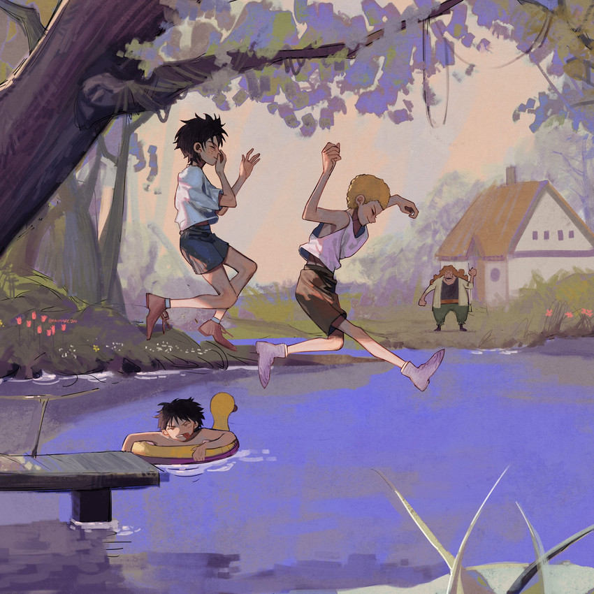monkey d. luffy, portgas d. ace, sabo, and curly dadan (one piece) drawn by akihare