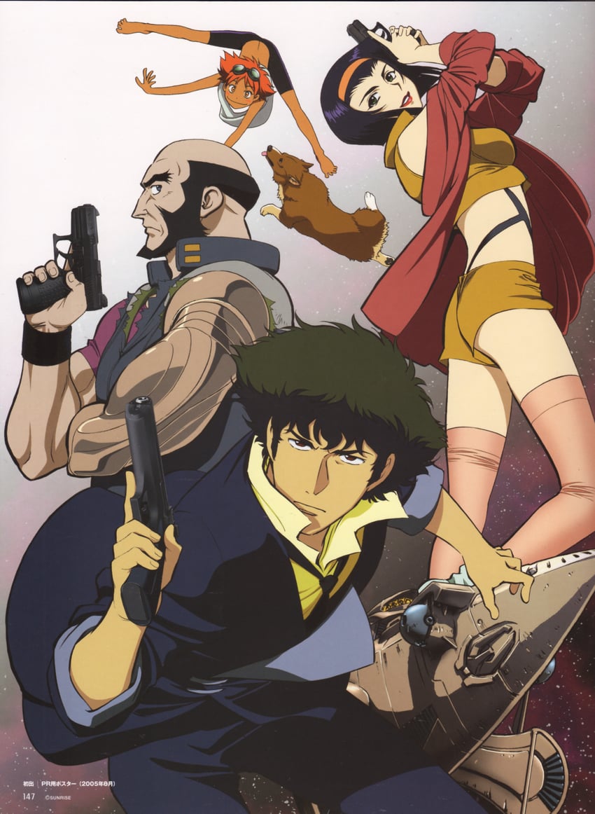 faye valentine, spike spiegel, edward wong hau pepelu tivrusky iv, ein, jet black, and 1 more (cowboy bebop) drawn by kawamoto_toshihiro