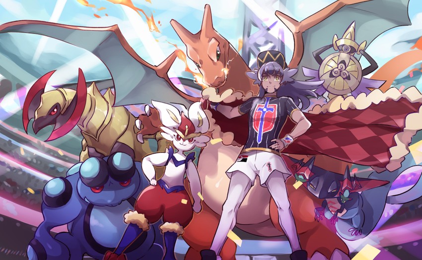 leon, charizard, cinderace, dreepy, aegislash, and 3 more (pokemon and 1 more) drawn by nanaheibei_3
