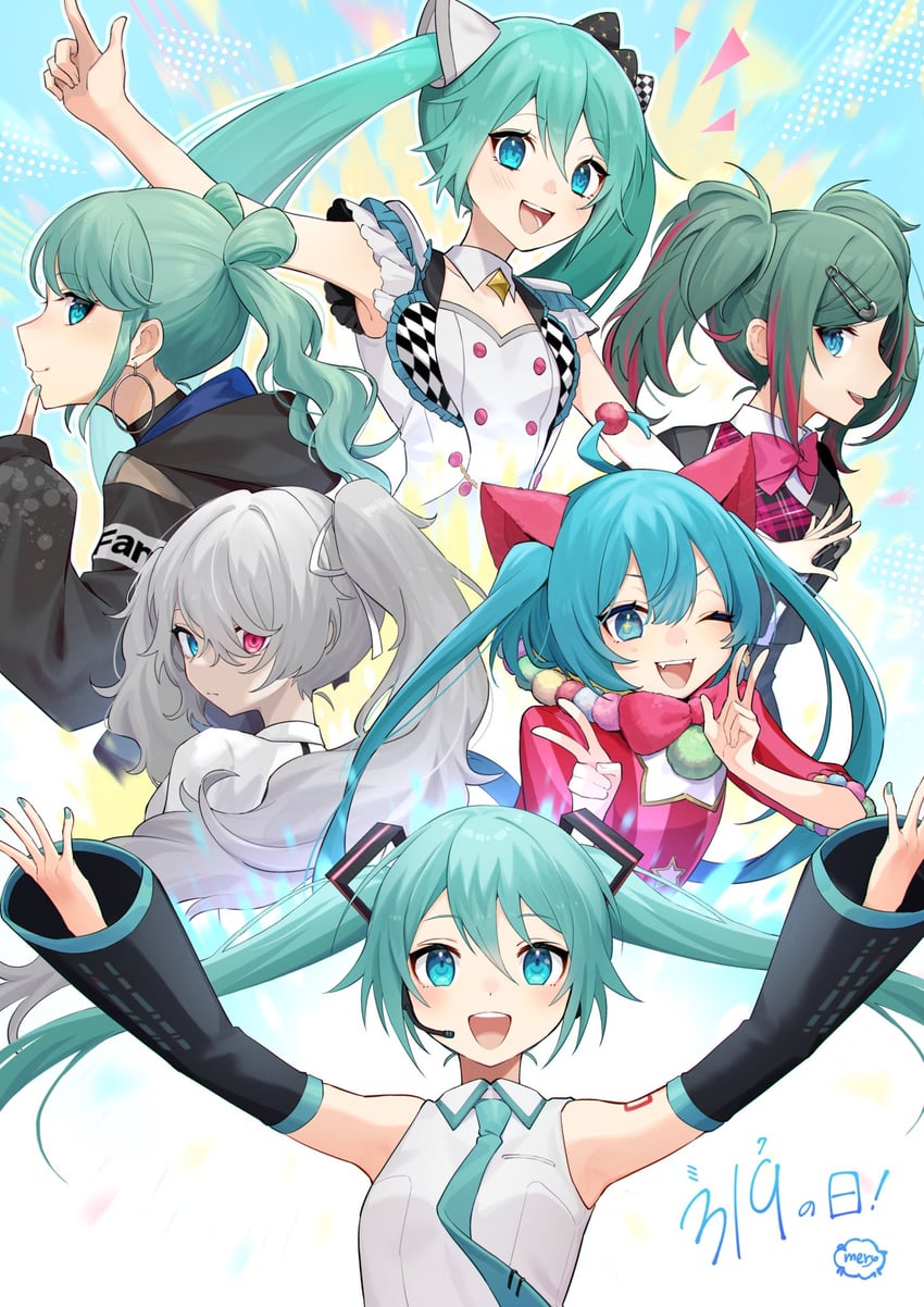 hatsune miku, 25-ji miku, wonderlands x showtime miku, vivid bad squad miku, leo/need miku, and 1 more (vocaloid and 1 more) drawn by hitsujino_mery