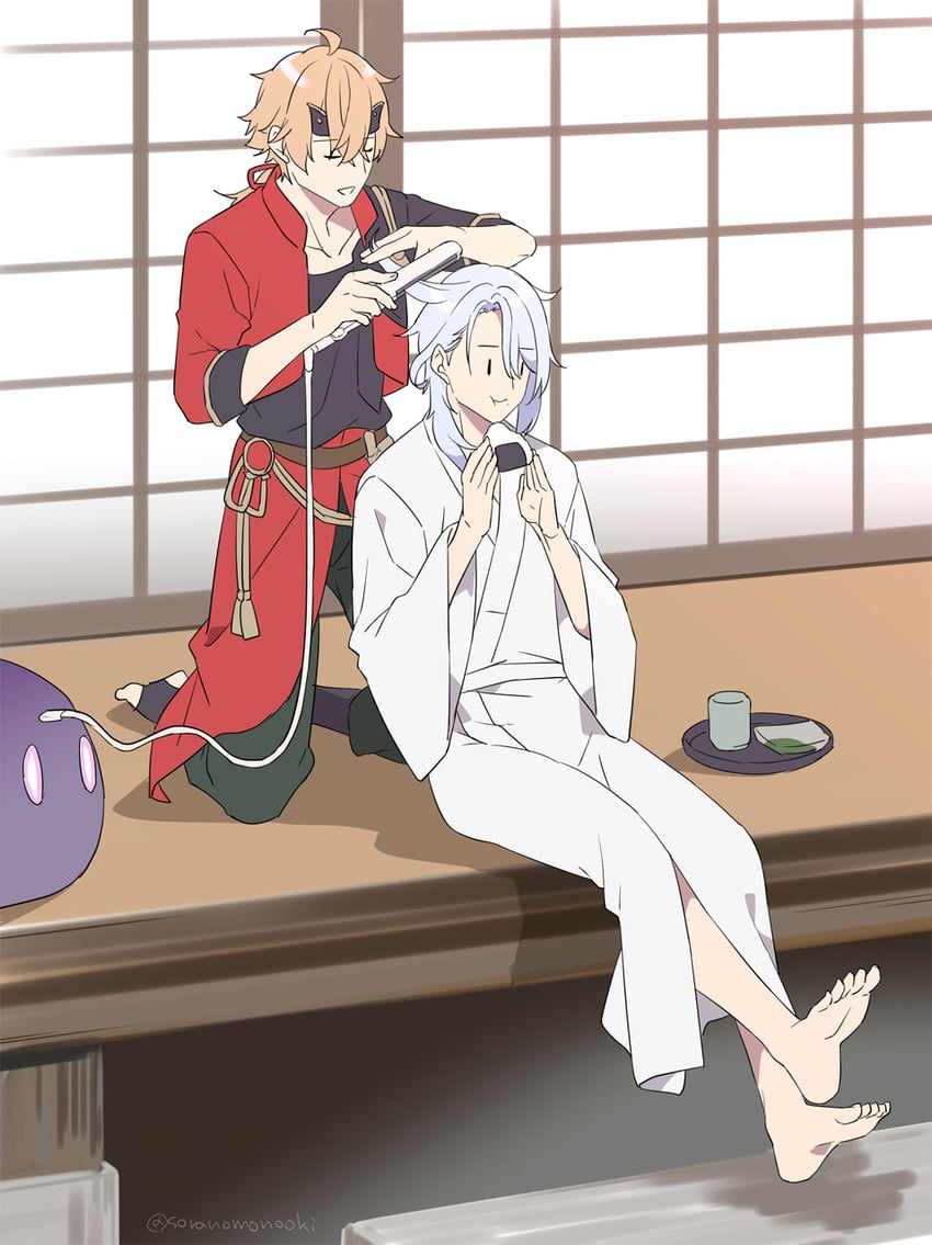 slime, kamisato ayato, and thoma (genshin impact) drawn by soranomonooki