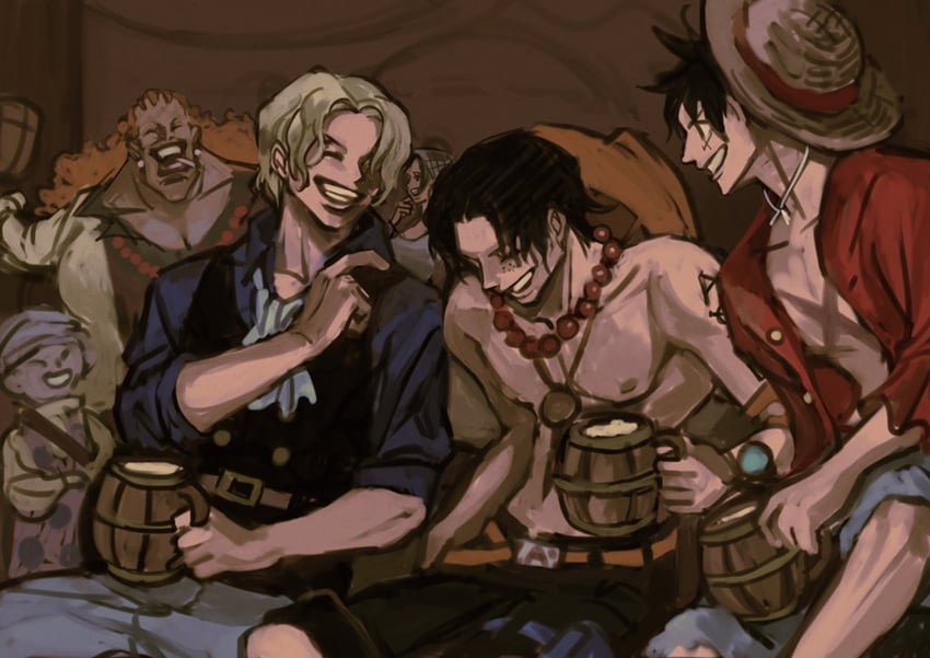 monkey d. luffy, portgas d. ace, sabo, makino, curly dadan, and 1 more (one piece) drawn by insect_candy