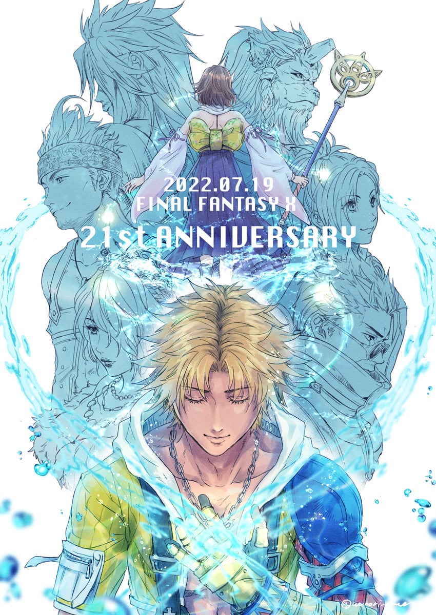 yuna, tidus, rikku, lulu, jecht, and 3 more (final fantasy and 1 more) drawn by warori_anne
