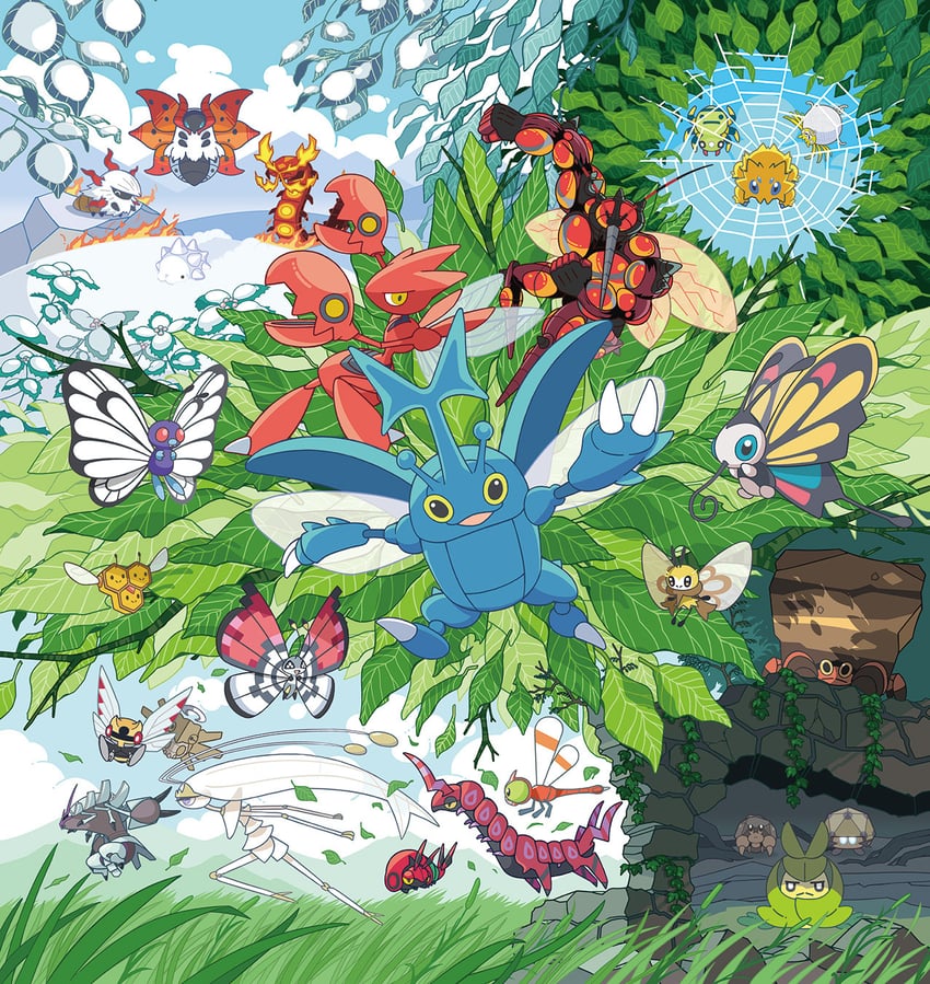 scizor, joltik, butterfree, snom, pheromosa, and 20 more (pokemon) drawn by uekusa_wataru