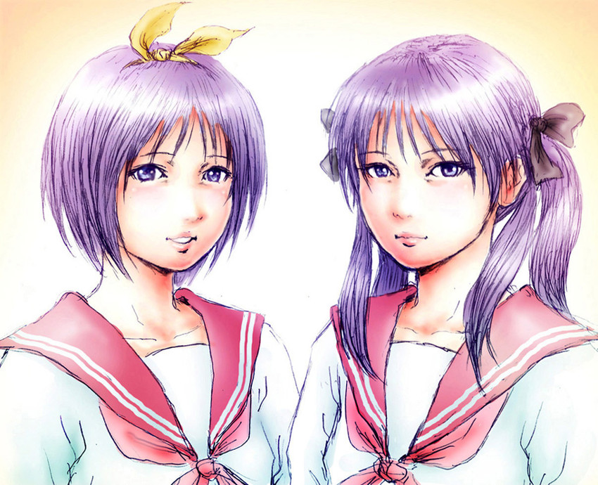 hiiragi kagami and hiiragi tsukasa (lucky star) drawn by leica_(leica_xx)