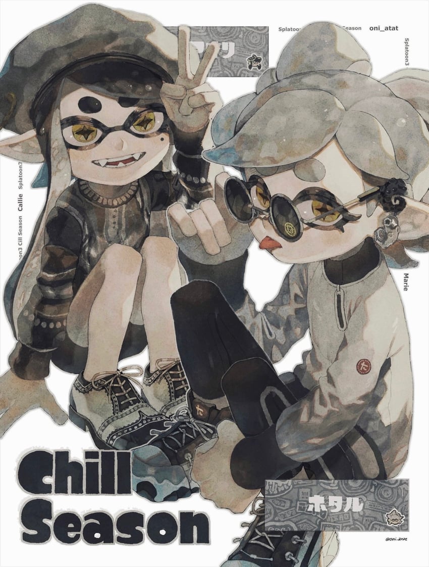callie and marie (splatoon and 1 more) drawn by kaji_(oni_atat)