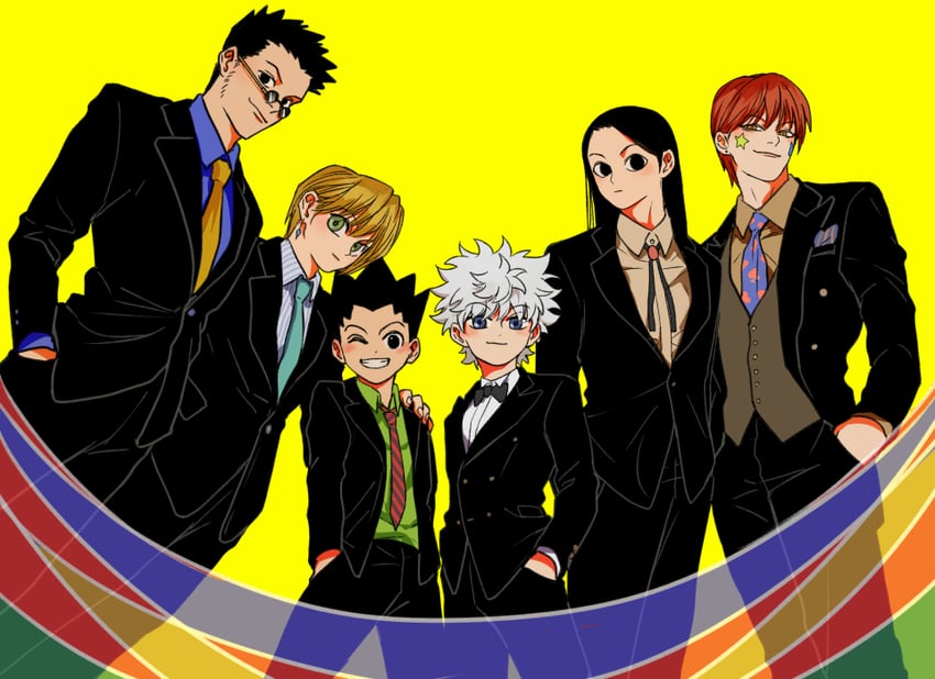 killua zoldyck, kurapika, gon freecss, hisoka morow, illumi zoldyck, and 1 more (hunter x hunter) drawn by kilva_lollop