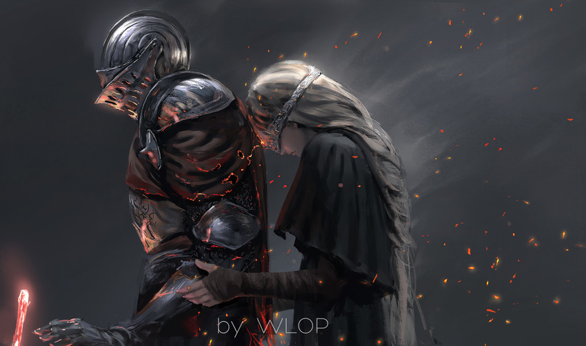 fire keeper and ashen one (dark souls and 1 more) drawn by wlop