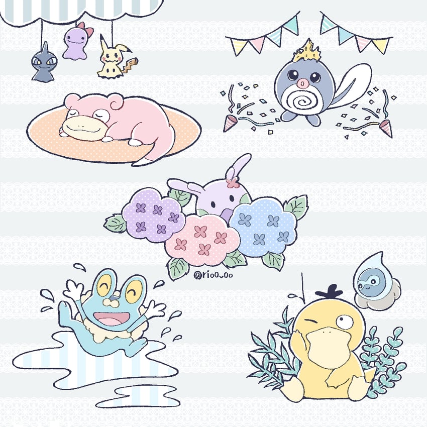 mimikyu, psyduck, ditto, goomy, slowpoke, and 3 more (pokemon) drawn by rio_(rio0v0o)