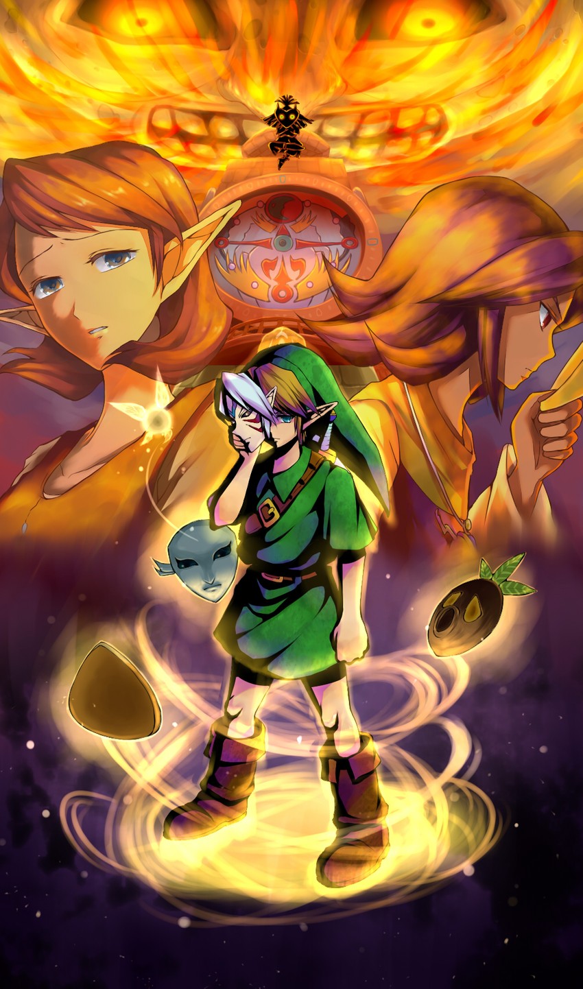 link, young link, majora, tatl, skull kid, and 3 more (the legend of zelda and 1 more) drawn by delsaber