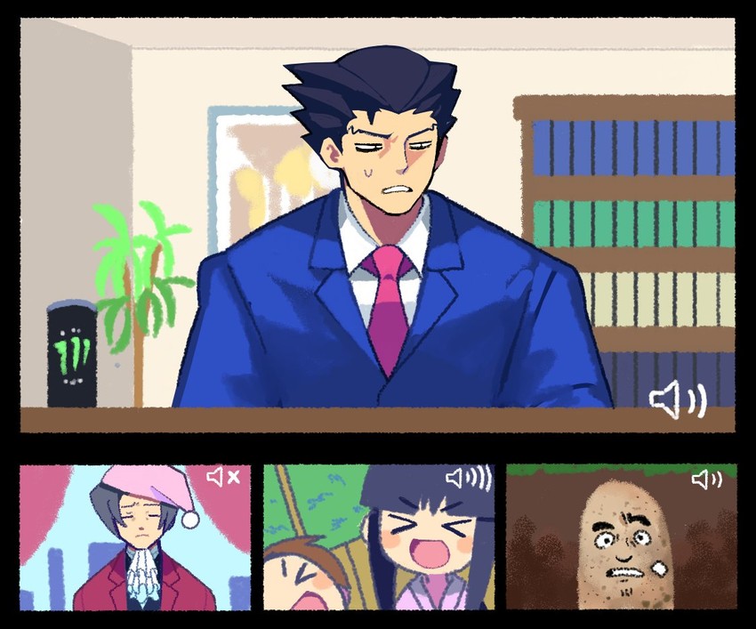 phoenix wright, miles edgeworth, maya fey, dick gumshoe, pearl fey, and 1 more (ace attorney) drawn by denaseey