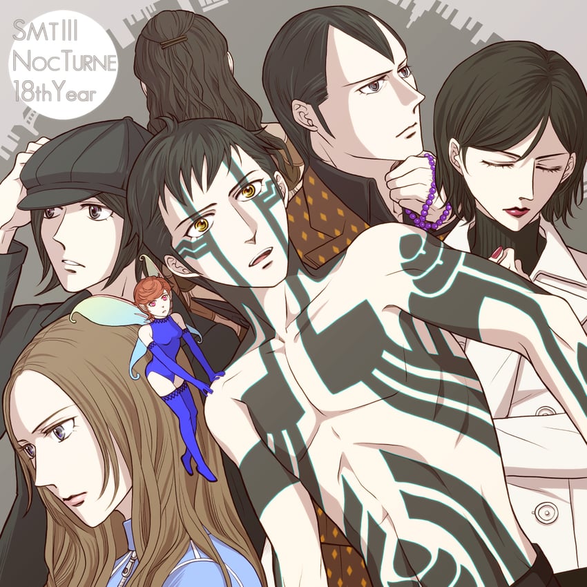 demi-fiend, pixie, takao yuko, tachibana chiaki, nitta isamu, and 2 more (shin megami tensei and 1 more) drawn by watabashi_yf