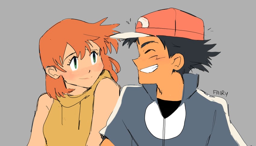 ash ketchum and misty (pokemon and 1 more) drawn by fairybees