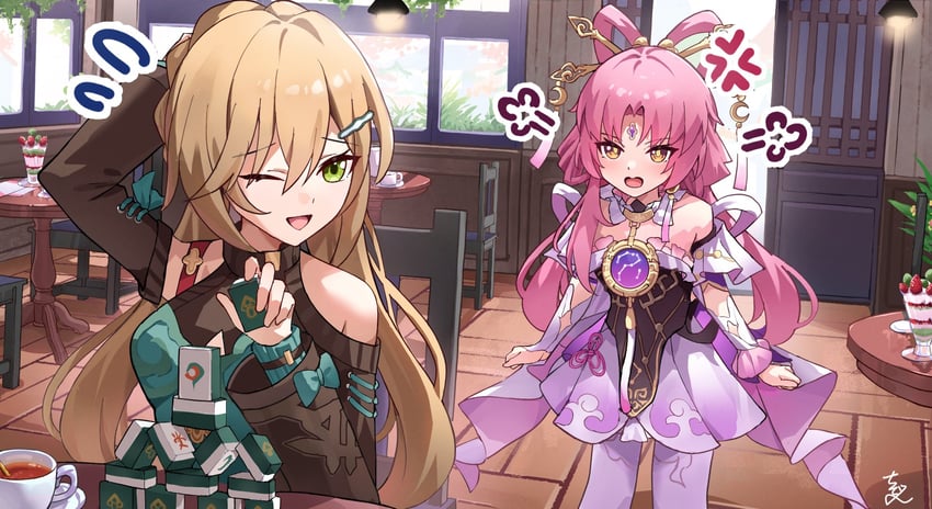 fu xuan and qingque (honkai and 1 more) drawn by chideno