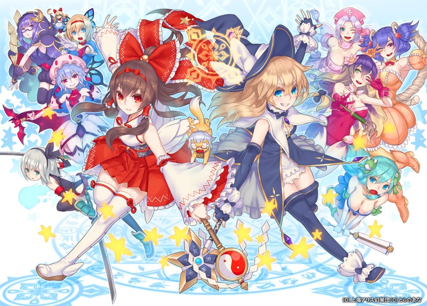 hakurei reimu, kirisame marisa, kochiya sanae, konpaku youmu, alice margatroid, and 6 more (touhou) drawn by nidy