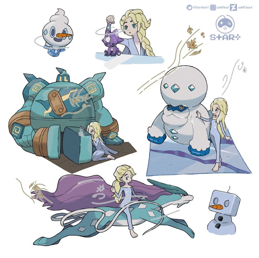 elsa, suicune, vanillite, eiscue, toxel, and 2 more (pokemon and 2 more) drawn by startboii