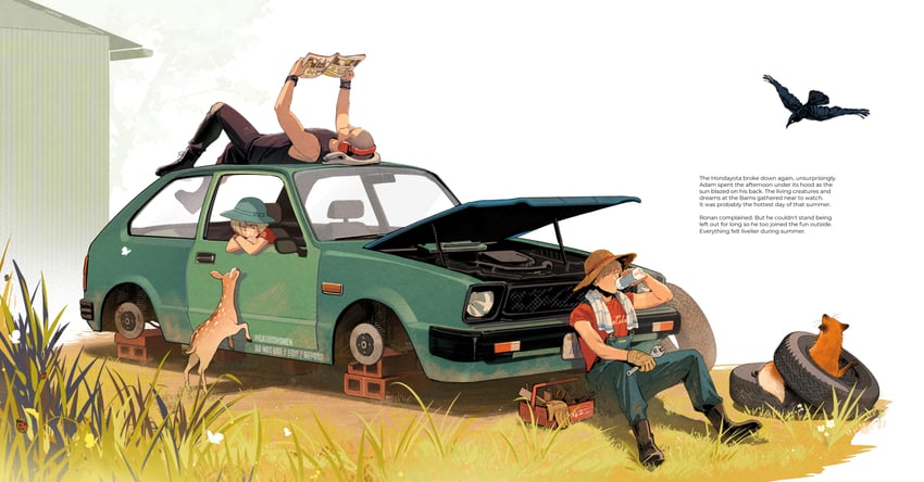adam parrish, ronan lynch, chainsaw, and opal (the raven cycle) drawn by catbishonen