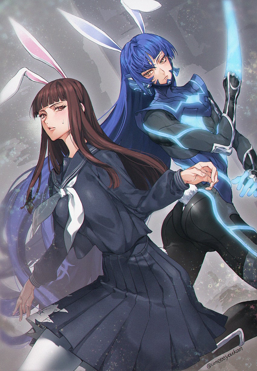 protagonist and itsukishima sahori (shin megami tensei and 1 more) drawn by umeeeyoukan