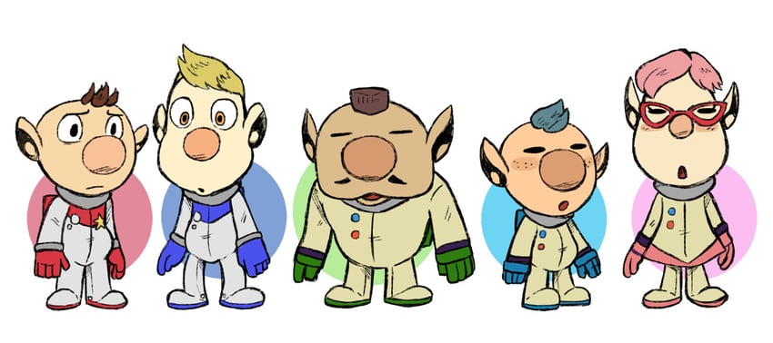 olimar, louie, alph, brittany, and charlie (pikmin) drawn by urfbownd