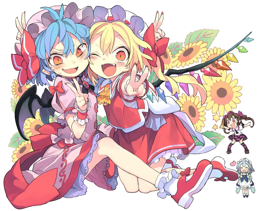 remilia scarlet, flandre scarlet, izayoi sakuya, and himekaidou hatate (touhou) drawn by morino_hon