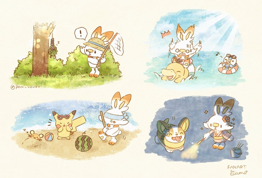pikachu, piplup, scorbunny, psyduck, yamper, and 2 more (pokemon) drawn by mian_(user_kwcj2833)