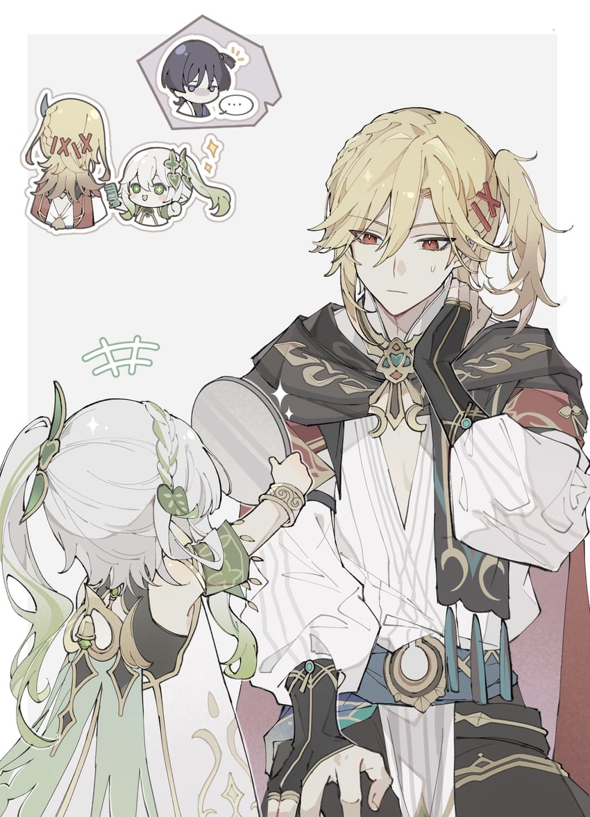 scaramouche, nahida, wanderer, and kaveh (genshin impact) drawn by yue_(shemika98425261)