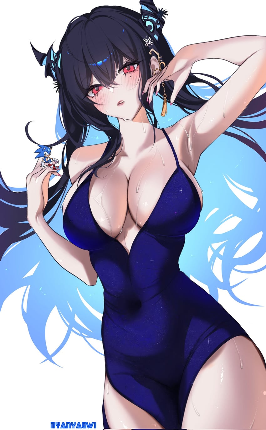 nerissa ravencroft and sonic the hedgehog (hololive and 2 more) drawn by nyanyaqwi